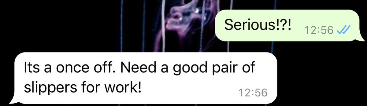 ChristelleMcC's tweet image. My husband’s reply when I asked him if he wanted to pay almost R800 for a pair of sheepskin slippers…
#wfhproblems #wfh #husband