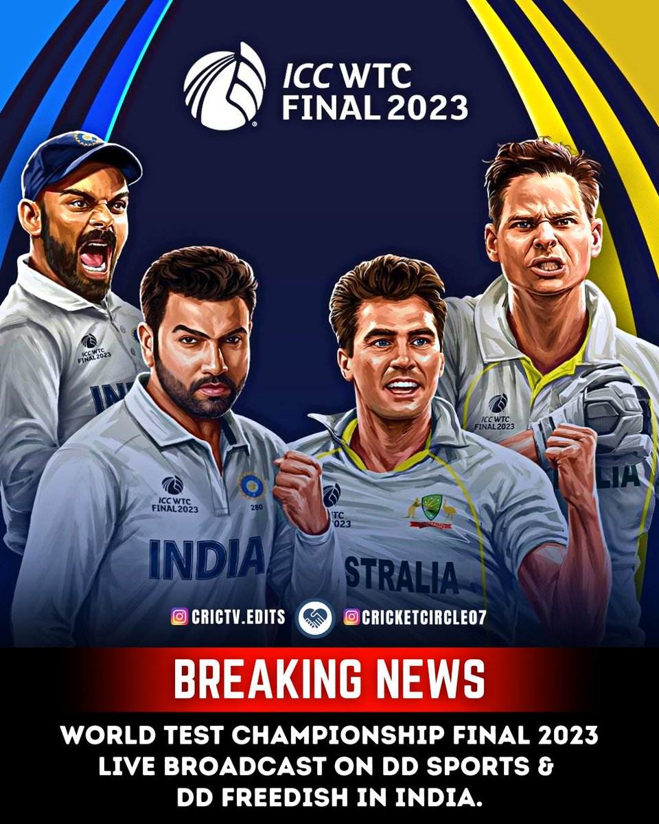 🚨 Breaking News 🚨

World Test Championship Final 2023 LIVE Broadcast on DD Sports & DD FreeDish in India.

#cricketnews #cricketupdates #Cricket #CricTracker #WTC2023 #WTCfinal #INDvAUS  #LiveCricket #CricketLive #WTC23 #WTCFinalonStar #BelieveInBlue #UltimateTest #WTCfinals