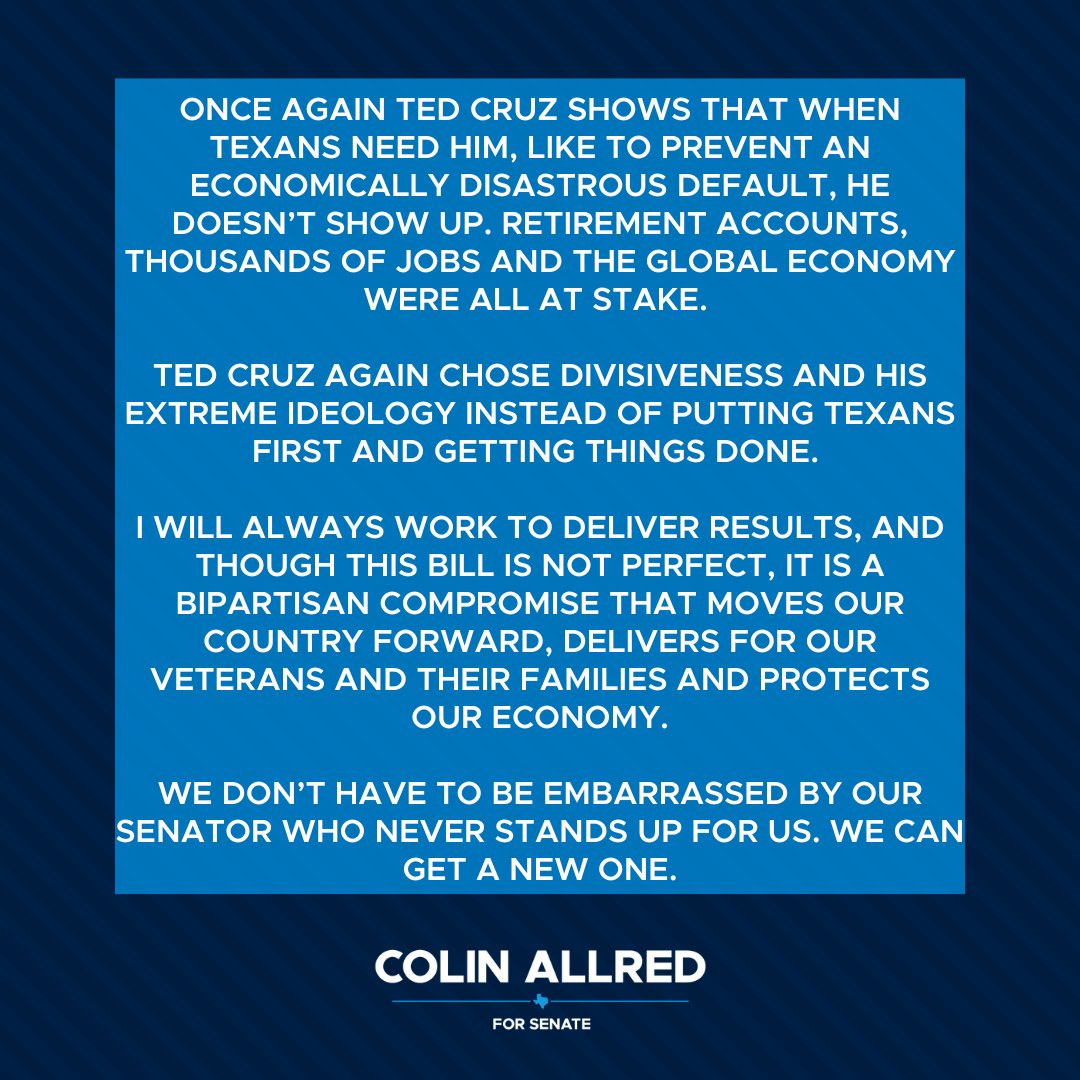 Last night, one of our Senators voted to default on our debt and send our economy into recession. We cannot afford 6 more years of Ted Cruz.