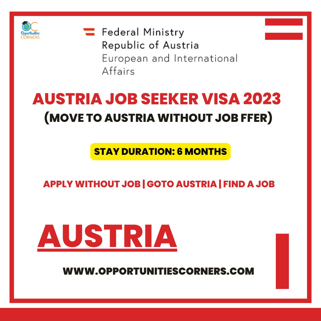 corner_oc's tweet photo. Austria ๐ฆ๐น Job Seekers Visa 2023 (Without Job offer)
Apply for the Job Seeker Visa and Stay in Austria for 6 Months. Find a Job there.
This is one of the Easiest Visa to Get.
Visit: https://t.co/p5iaVFi8HX
#JobSeekerVisa #AustriaWorkVisa #OpportunitiesCorners https://t.co/xYzW7Soqfr