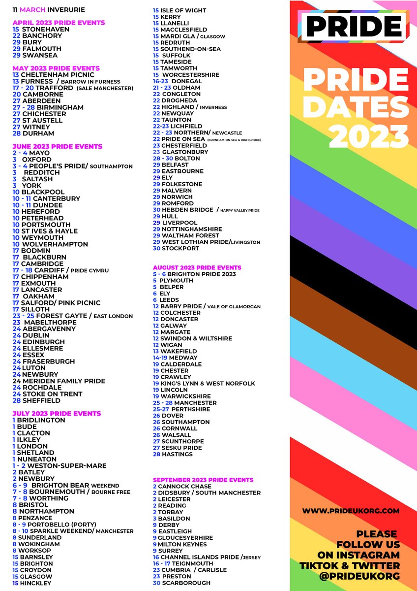 Updated 2023 Pride dates list! 
Which are you going to? who with? who are you excited to see? 🔴🟠🟡🟢🔵🟣🟤⚫️⚪️