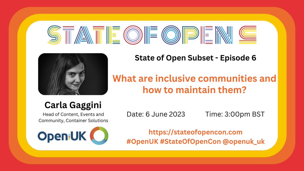 Join the amazing @CarlaAtGG at the next State of Open Subset talk on Tuesday at 3, to learn about What inclusive communities are and how to maintaint them.register now openuk.uk/event-calendar…   
#opensource #stateofopencon #openuk #community