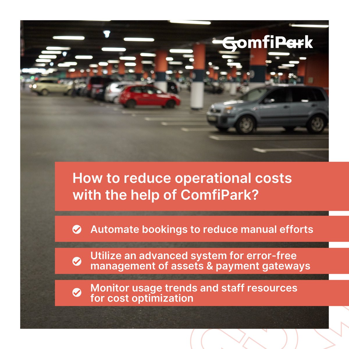 ComfiPark's tweet image. ComfiPark helps reduce operational costs by automating bookings and providing an advanced system for error-free management of assets, payment gateways, and staff resources. 

#ComfiPark #Smartparking #Parkingsolution