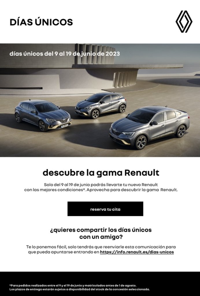 Aprovecha los días únicos de Renault y llévate el coche de tus sueños por un precio inigualable. No olvide pasarse por nuestras instalaciones donde les informarán sobre todas nuestras ventajas 😉