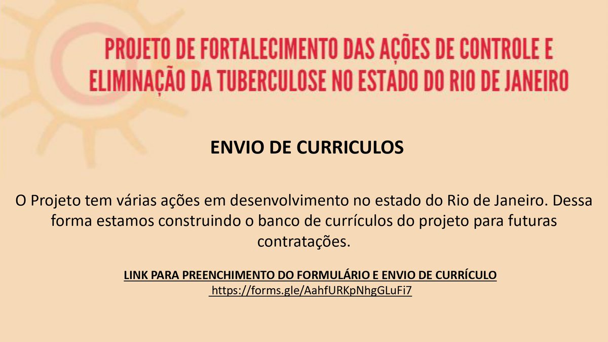 ✅ ✅ ✅  ATENÇÃO SANITARISTAS  ✅ ✅ ✅ 

 Banco de currículos  para a seleção de vagas do projeto de fortalecimento das ações de controle e eliminação da Tuberculose no Estado do Rio de Janeiro (OPAS/Secretaria Estadual de Saúde).