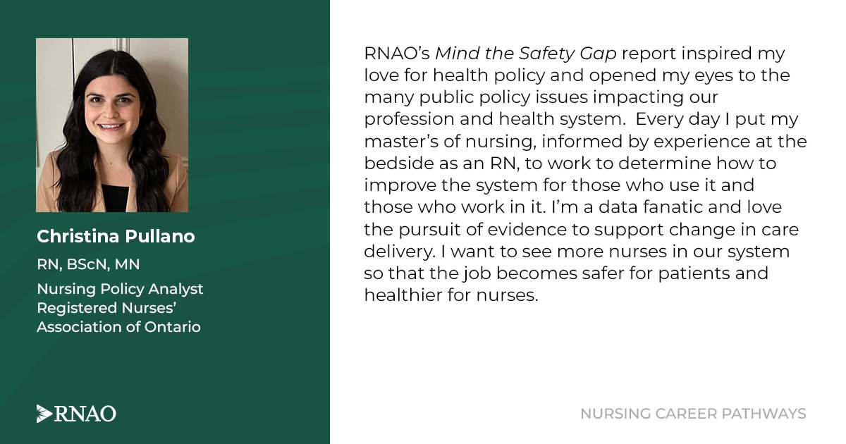 RNAO's tweet photo. RNAO’s #MindtheSafetyGap report inspired #RN Christina Pullano's love for health policy.

"I want to see more nurses in our system so that the job becomes safer for patients &amp; healthier for nurses." 

Read more about Christina: https://t.co/saVBV5Z3BK

#NursingCareerPathways https://t.co/hhkzhZzHkv