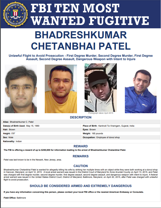 FBIBaltimore's tweet photo. Award amount for #FBI Ten Most Wanted Fugitive Chetanbhai Patel has increased to $250,000. Please see https://t.co/WuPzLko9TU for more details. https://t.co/fUHAp70vWE