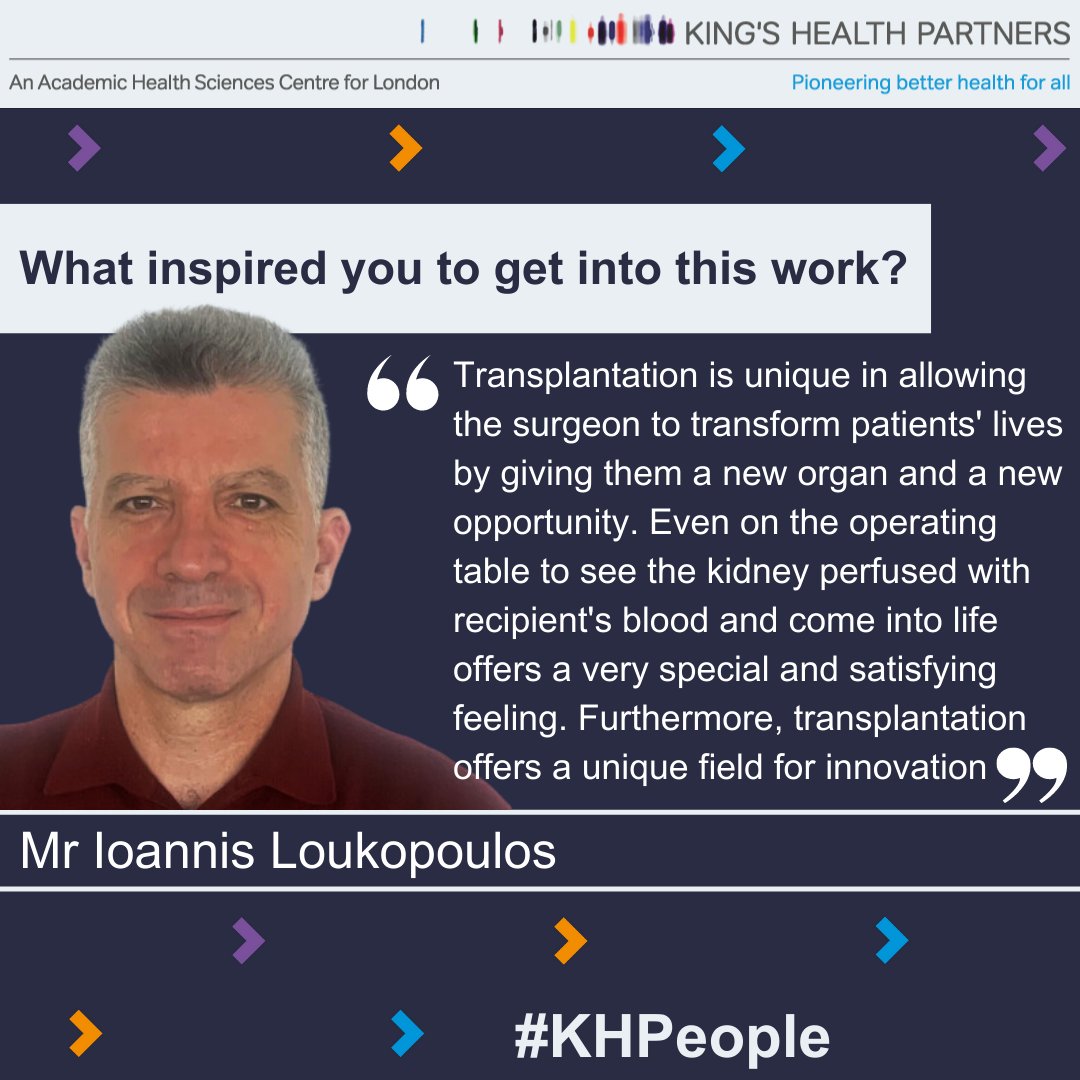 In the latest KHP News, Mr Ioannis Loukopoulos, consultant surgeon @GSTTnhs, talks about the pioneering robotic surgery live donor programme, and how transplantations can transform lives. Full #KHPeople profile ▶ bit.ly/KHPeople-Ioann…