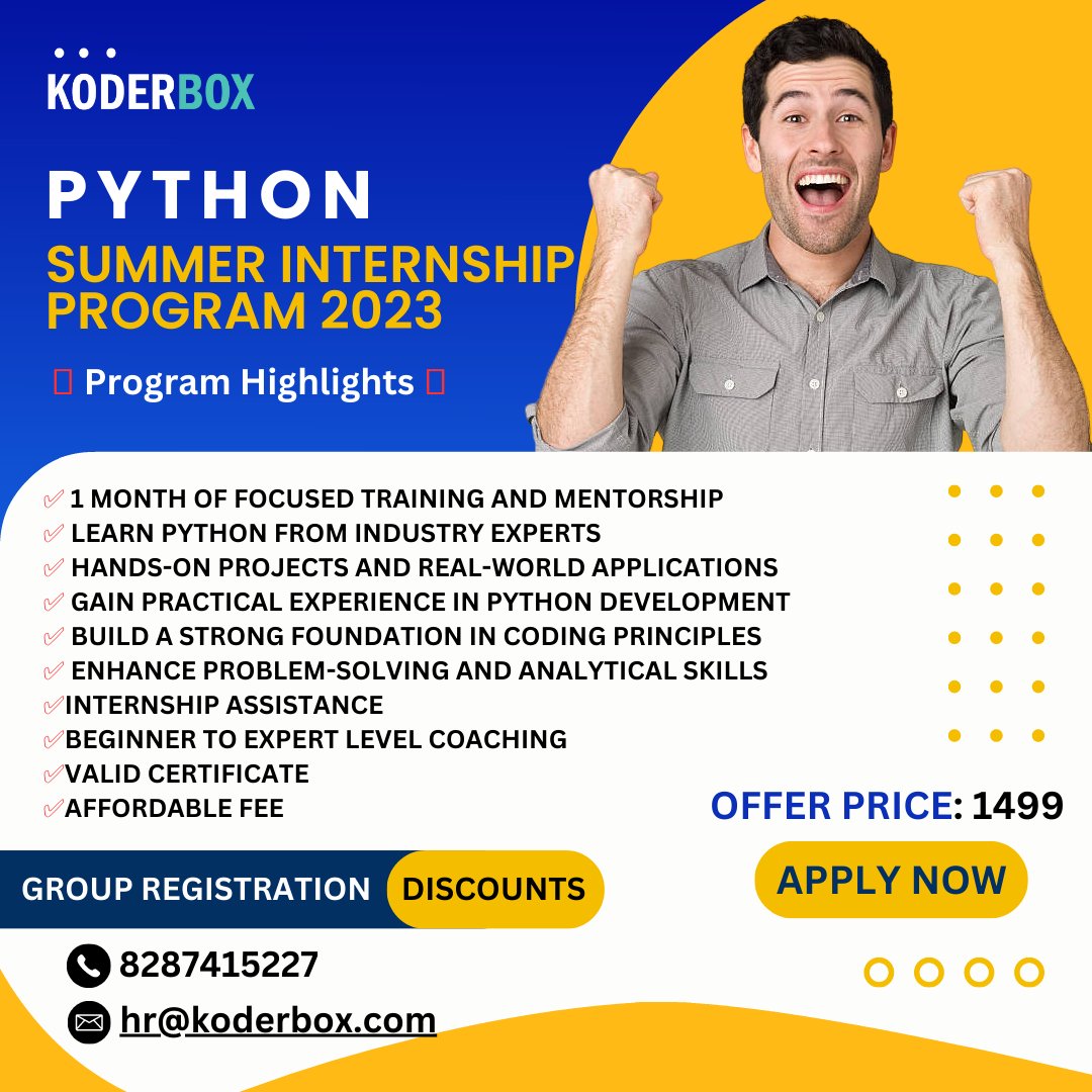 koderbox's tweet photo. PYTHON SUMMER INTERNSHIP PROGRAM 2023

📧 hr@koderbox.com

📱8287415227

#pythonprogramming #python #koderbox #koderboxtechnologies #onlinetraining #pythoncourse #internshipprogram #learnpython #learnpythonprogramming #btech #bca #programming #coding #programmer https://t.co/19lvfUiiIH