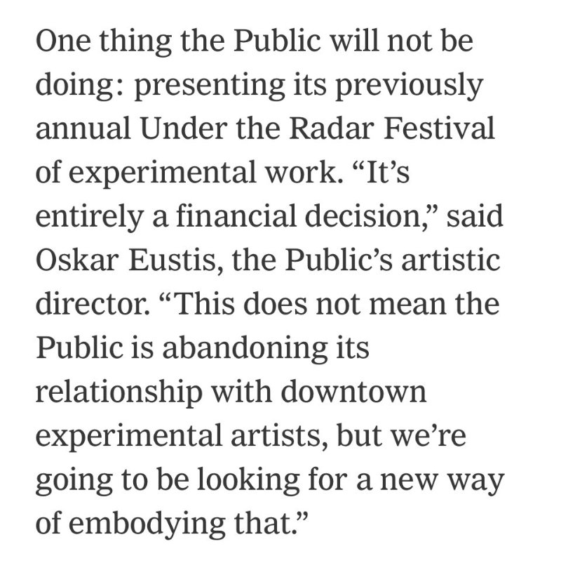 In the meantime, while @Toronto_Fringe is in jeopardy Under The Radar Festival @PublicTheaterNY is gone. This will cause a ripple effect across artistic and geographical borders.
#torontotheatre #nyctheatre #theatre