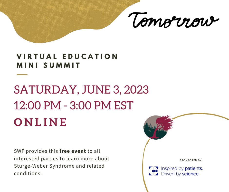 SturgeWeber's tweet photo. π DON'T FORGET! π Join us tomorrow for our Educational Mini-Summit!
π Virtual Event
π Saturday, June 3
π 12:00-3:00 pm EST
π https://t.co/mKJlo9riee
Sponsored by @ucb_news
#sturgewebersyndrome #swfunited #SWFWarrior https://t.co/myXkqaJ5Wx