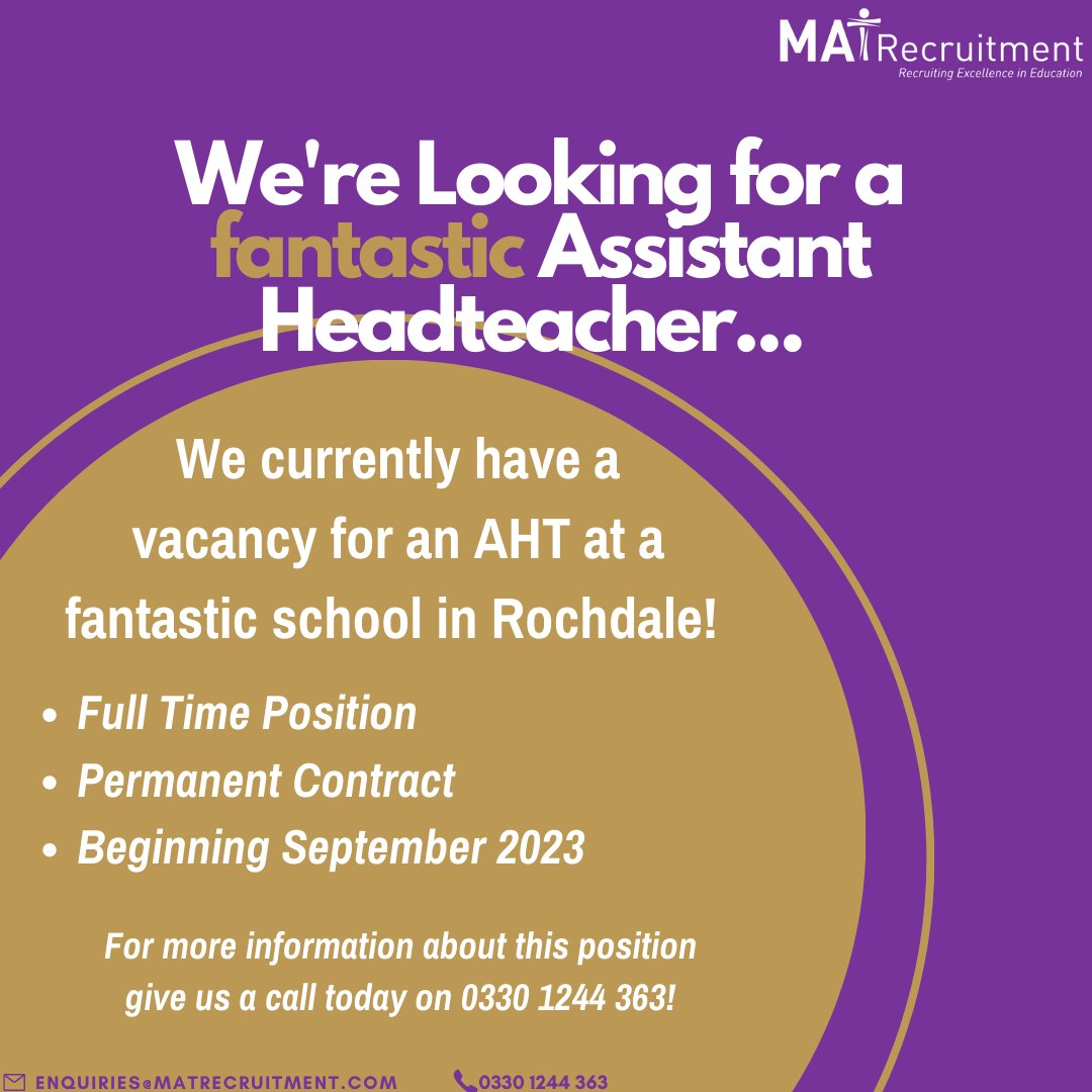 We currently have a fantastic role available for an Assistant Head Teacher in Rochdale... 

📍#Rochdale

📩 enquiries@matecruitment
☎️ 0330 1244 363 

#teacherjobs #assistanthead #SLT #seniorleadership #seniorleadership #AHTjobs #assistantheadteacher