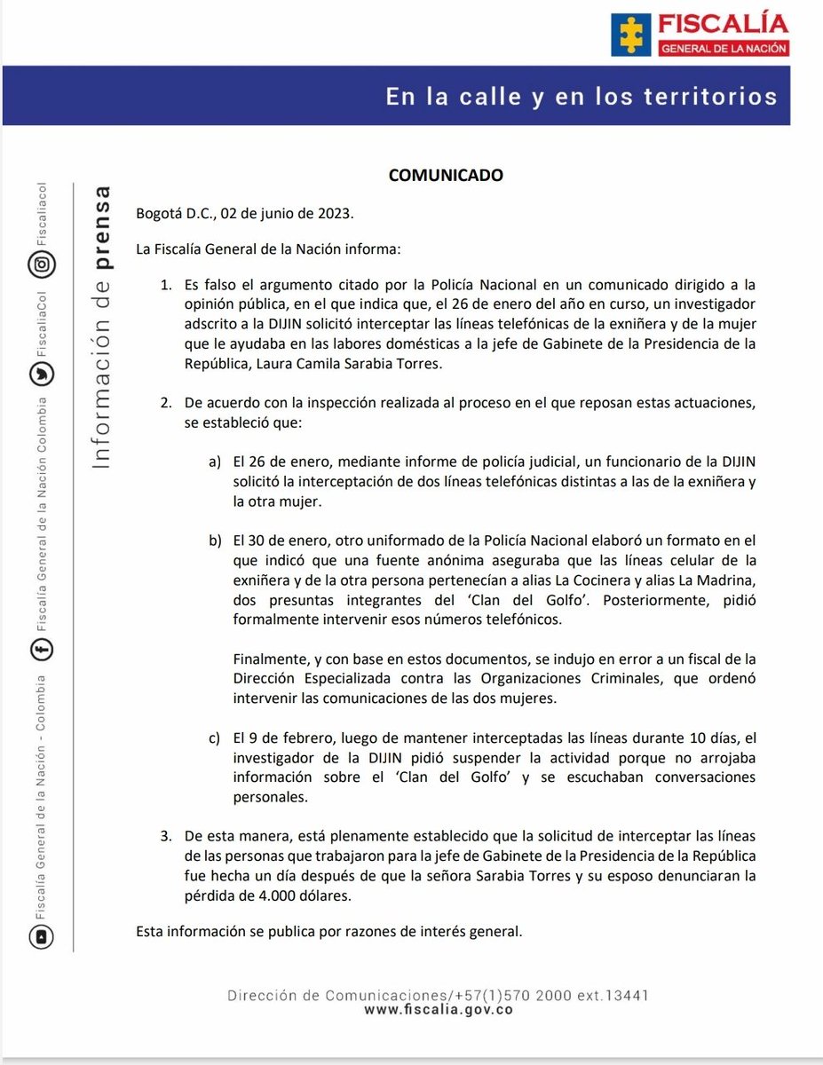 #ATENCIÓN | Comunicado oficial de la #Fiscalía General de la Nación.