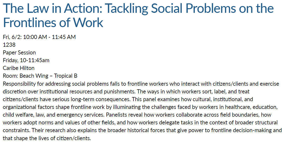 Today at 10am at @law_soc #LSA2023! Looking forward to talking frontline workers and poverty governance across domains with @jaimienmorse @Liz_Chiarello @JoshSeim @trevorhoppe