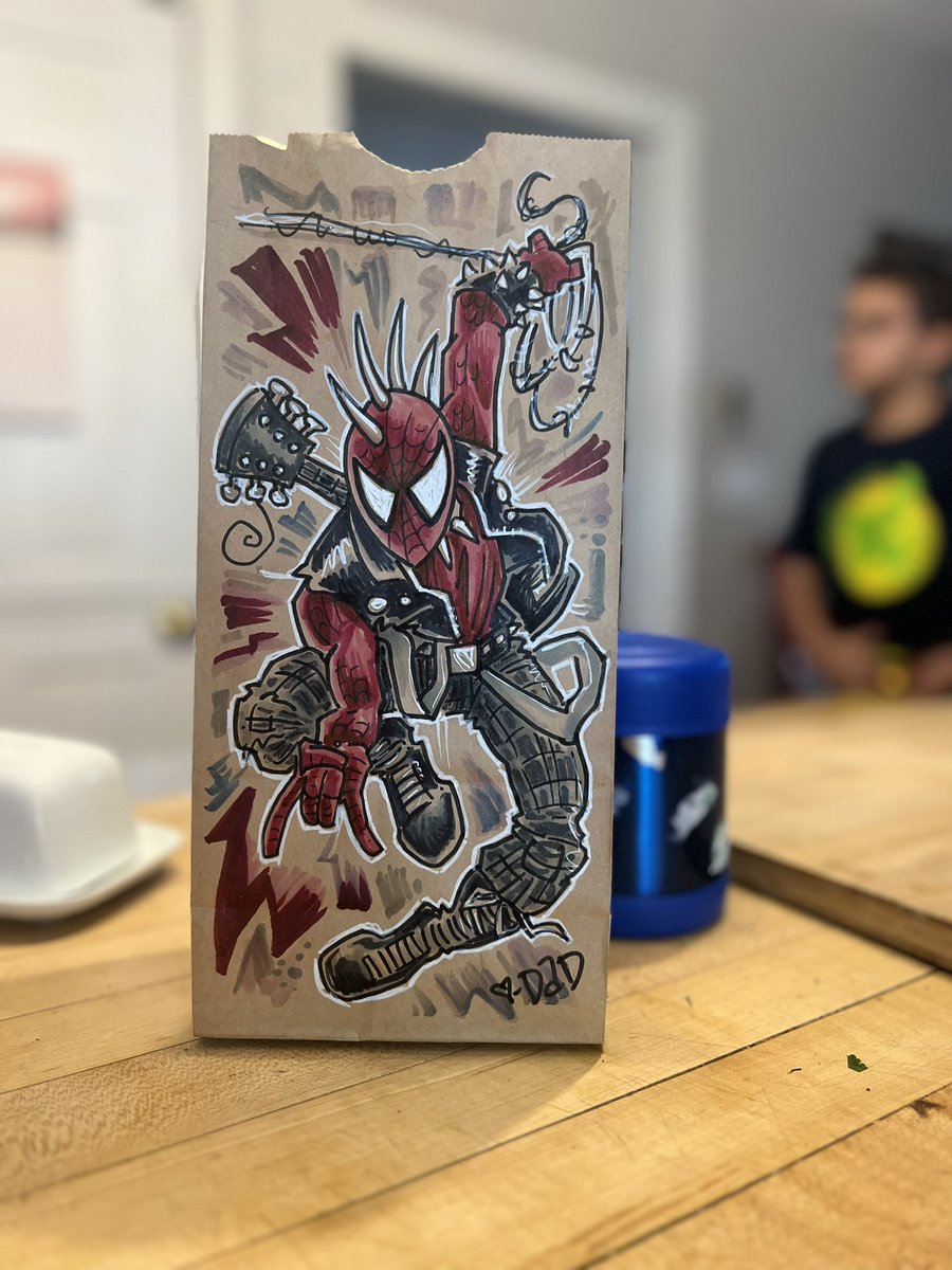 jacobsaariaho's tweet photo. Friday’s Lunch Bag Art (No.214) “Spider-Punk” #lunchbagart #brownbagart #kids #dad #drawing #comics #cartoons #illustration #doodle #drawdaily #spiderman #spiderpunk #SpiderManAcrossTheSpiderVerse https://t.co/Db9ojktsKO