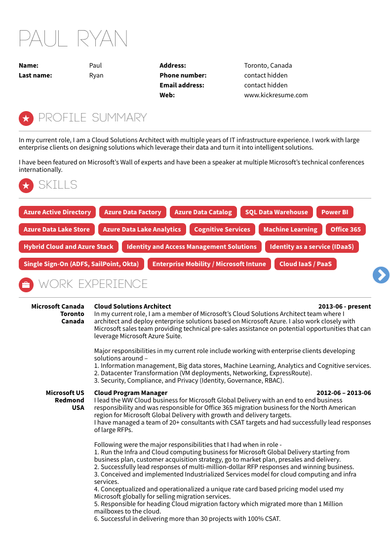 Kickresume's tweet photo. IT Microsoft #ResumeExample 💼🌩️

 ✅Packed skills section: Azure, SQL, machine learning - the big guns!

✅ Brief resume summary: Makes a great first impression.

✅ Dominance of powerful action verbs in Work Experience: Clearly showcases responsibilities and achievements. https://t.co/CRRpD4wyjl