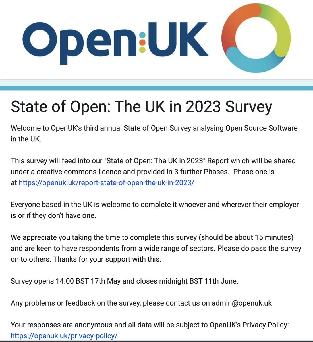 Give 15 minutes to the UK's digital future by taking the OpenUK Survey. lnkd.in/ejKGTuw8
The survey has been extended to the 11th of June. Please share with your networks, mailing list, and newsletters if possible? #opensource #openuk