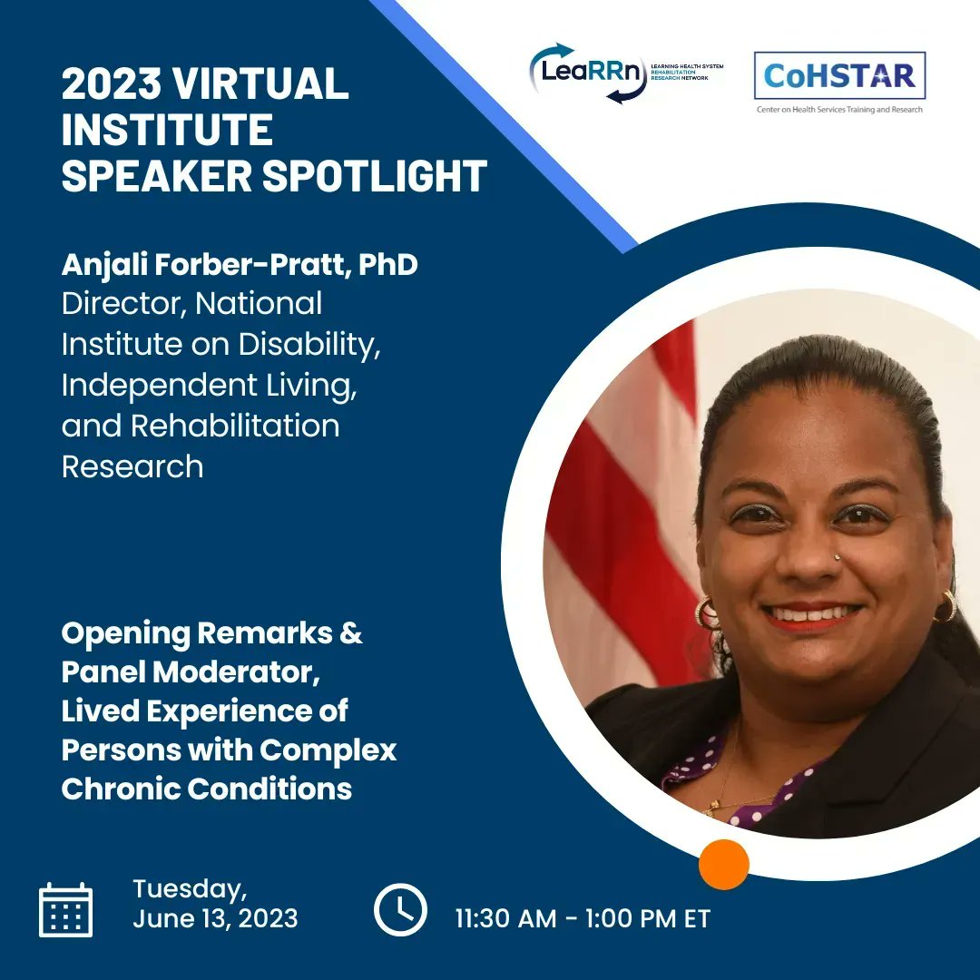 Join us for the 2023 Virtual Institute, “Rehabilitation in the Management of Chronic Conditions” on June 13 and June 15, 2023. Today, we highlight panel moderator, Dr. Anjali Forber-Pratt, Director of the NIDILRR To review the agenda & register go to buff.ly/41NDdeP