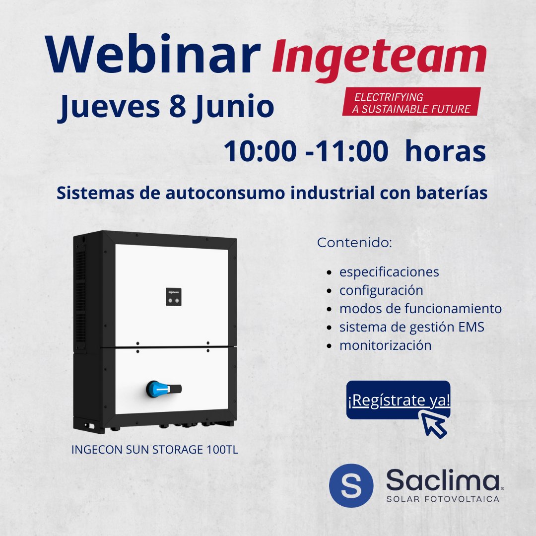 Te esperamos 𝗲𝗹 𝗷𝘂𝗲𝘃𝗲𝘀 𝟴 𝗱𝗲 𝗝𝘂𝗻𝗶𝗼 𝗮 𝗹𝗮𝘀 𝟭𝟬:𝟬𝟬 𝗵𝗼𝗿𝗮𝘀 para hablar del #ingecon #sunstorage 𝟭𝟬𝟬𝗧𝗟 con nuestro fabricante Ingeteam.

Apúntate ya!
👉 eu.jotform.com/build/23004284…