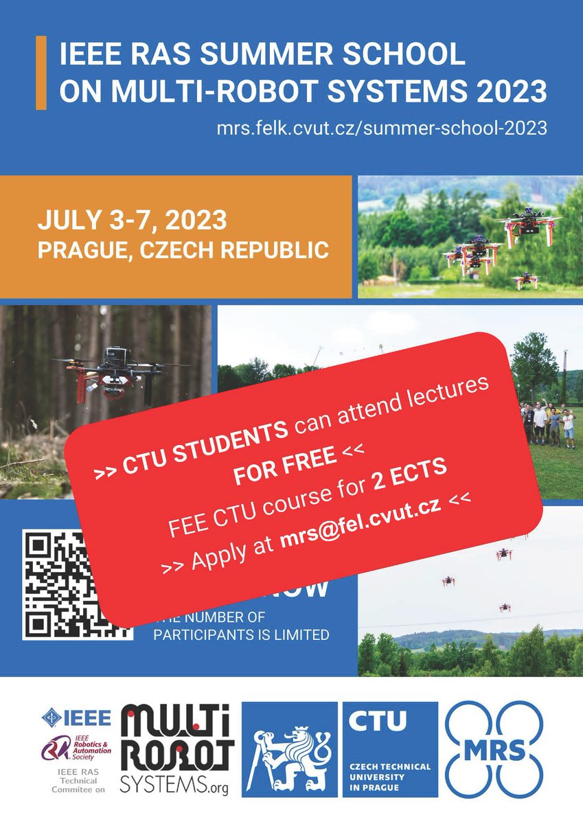 mrs_ctu's tweet image. Good news! 🙌CTU students can attend all lectures of the IEEE RAS Summer School on Multi-Robot Systems absolutely for FREE. Email us on mrs@fel.cvut.cz and register today!
We look forward to see you on 3. - 7. 7.! 🤖 #multirobot #cvut #fel #ctu