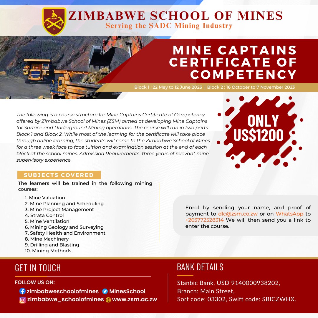 APPLY for these and more.  Visit our website on zsm.ac.zw
Enrolment in progress.