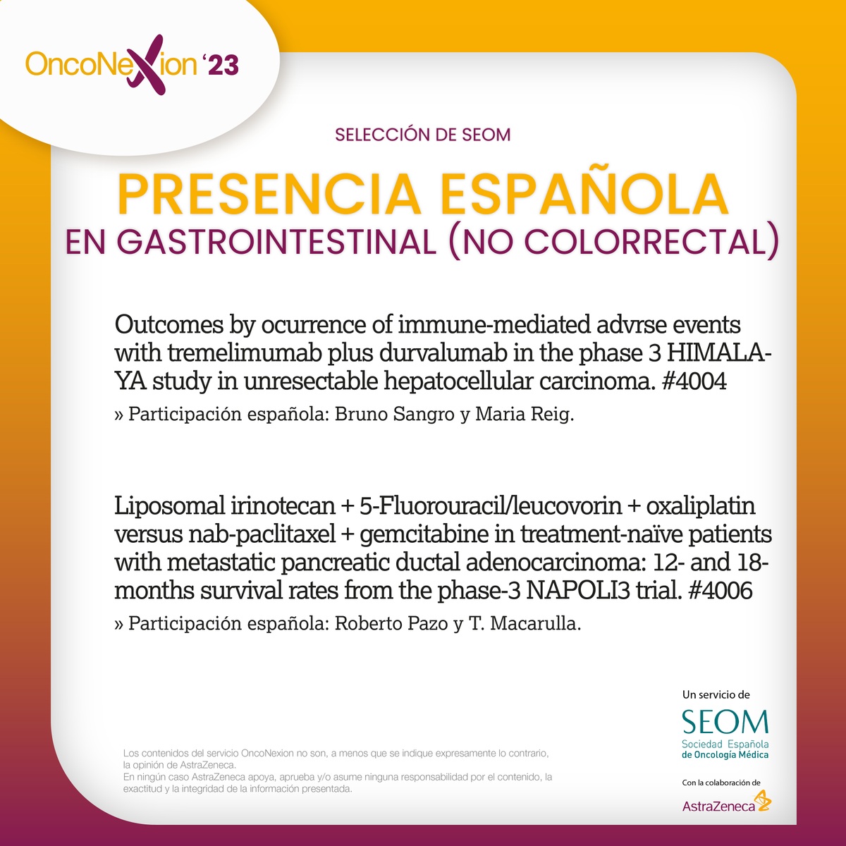 ⭕️ Participación española en cáncer #gastrointestinal #nocolorrectal en #ASCO23 seleccionados por la portavoz de @SEOM, Dra. @MacarullaTeresa  @GrupoTTD @grupogemcad

onconexion.es #OncoNexion23 @ASCO