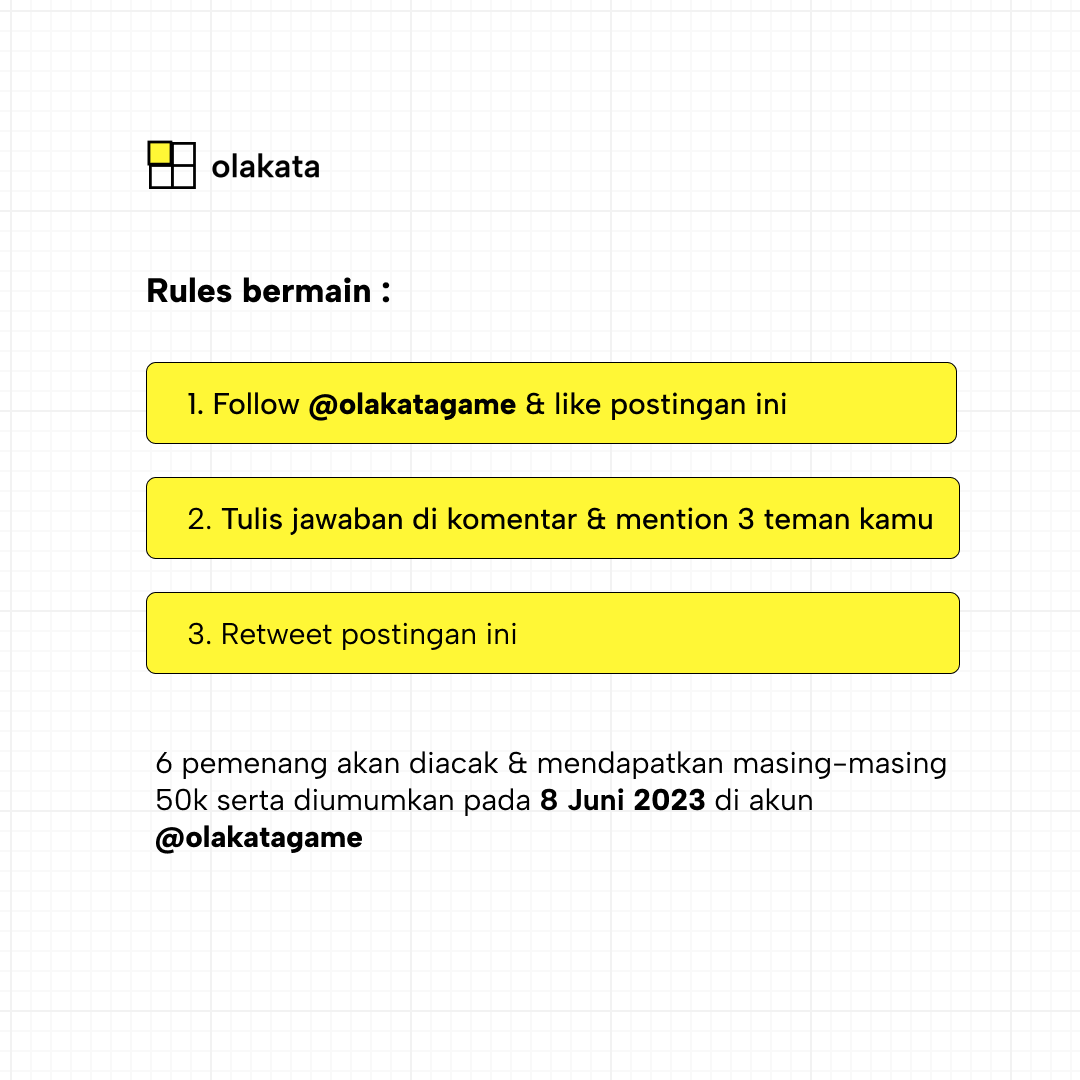 Temukan buah-buahan yang tersembunyi &amp; dapatkan 300k utk 6 pemenang👀

📌Ketentuan:

1. Ikuti rules bermain di gambar ke 2
2. Tidak boleh spam comment

Temukan kata dan menangkan hadiahnya 🙌

#Olakata #TekaChallenge #InfoKuis #Kuis #GiveawayIndonesia #InfoGiveaway
