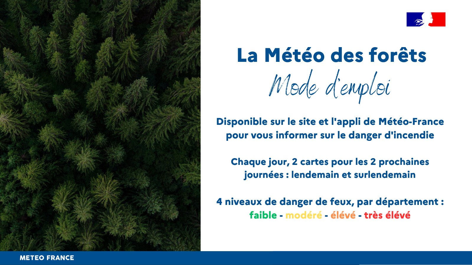 Mode d'emploi de la nouvelle Météo des forêts : un outil de prévention pour informer sur le danger de feu. Disponible chaque jour à 17h sur le site et l'application mobile de Météo-France, pour les deux prochaines journées.
