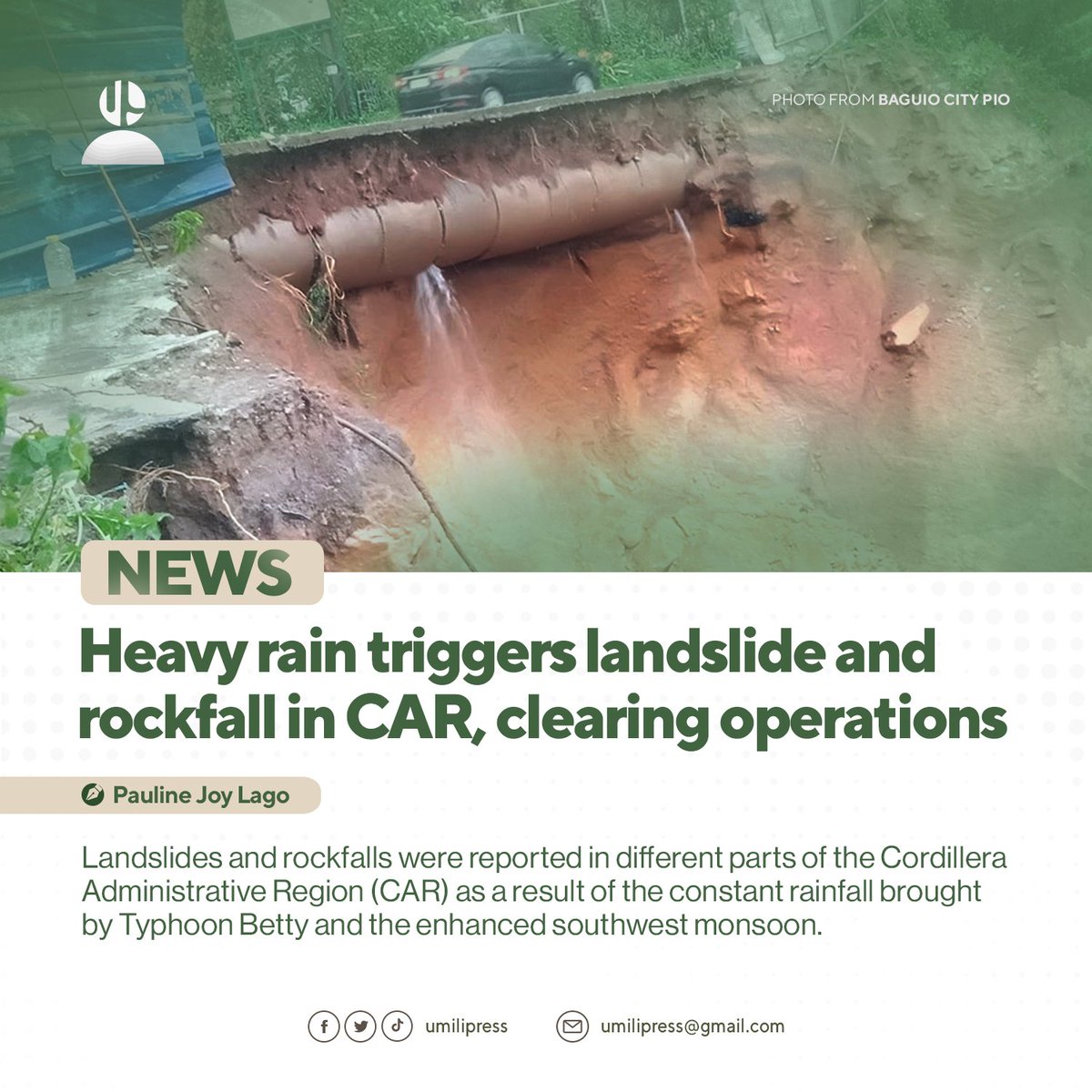 umilipress's tweet photo. NEWS| Heavy rain triggers landslide and rockfall in CAR, clearing operations continue
By Pauline Joy Lago

Landslides and rockfalls were reported in different parts of the Cordillera Administrative Region (CAR) as a result of the constant rainfall... [1/2] https://t.co/Lyfgtefbr0