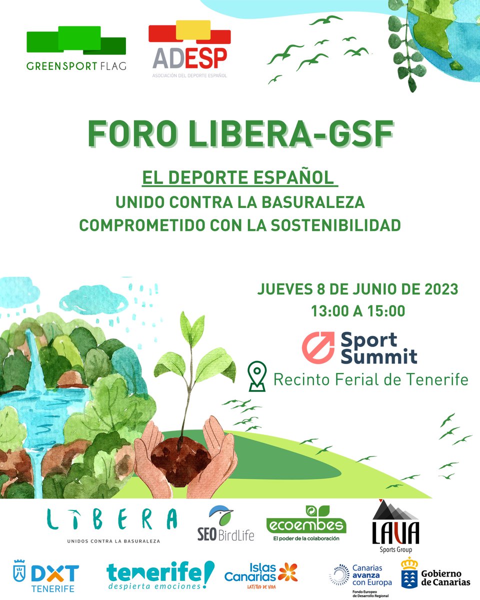 🟢Este jueves 8⃣estaremos en el #SportSummit de #Tenerife, presentando nuestro Plan de Acción por el medioambiente #GreenSportFlag. 💚💚

👉#ProyectoLibera #ActivaTuVida <a href="/DXTenerife/">Deportes Tenerife</a> <a href="/santacruz_ayto/">Ayuntamiento de Santa Cruz de Tenerife</a> <a href="/CabildoTenerife/">Cabildo de Tenerife</a> @GobiernoCanarias <a href="/LavaSportsGroup/">Lava Sports Group</a> @ecoembes_com <a href="/SEO_BirdLife/">SEO/BirdLife</a>