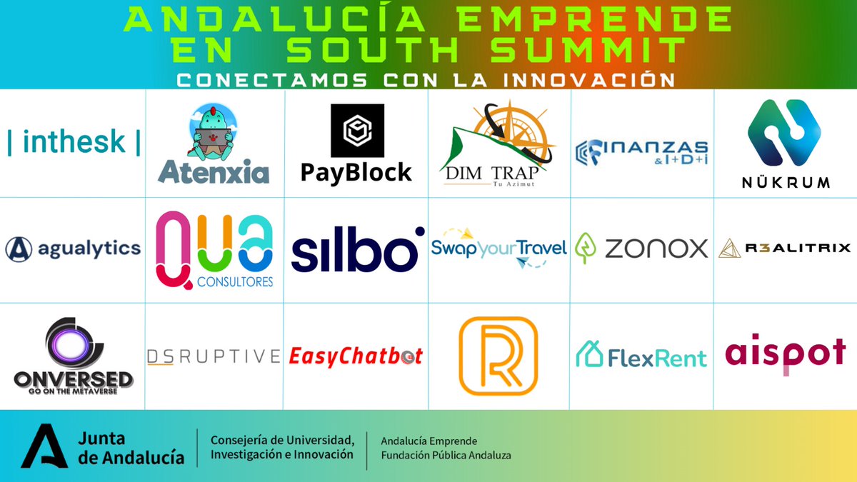 Andalucía Emprende (@aemprende) on Twitter photo 😉Estas son las #startups que nos acompañarán en
#SouthSummit23:
<a href="/inthesk_es/">I inthesk I</a> <a href="/atenxia_/">ATENXIA</a> #PayBlock #DimTranp <a href="/FinanzasIDI/">Finanzas & I+D+i</a> <a href="/NukrumT/">Nükrum Technologies</a> <a href="/agualytics/">Agualytics</a> #QuaConsultores <a href="/SilboMoney/">Silbo Money</a> <a href="/swapyourtravel_/">Swap Your Travel</a> #Zonox <a href="/r3alitrix/">Realitrix</a> #Onversed <a href="/DSruptiveTech/">DSruptive</a> <a href="/EasyChatbot_Net/">EasyChatbot.Net</a> #RunnerPro #FlexRent #Aispot 😉Estas son las #startups que nos acompañarán en
#SouthSummit23:
<a href="/inthesk_es/">I inthesk I</a> <a href="/atenxia_/">ATENXIA</a> #PayBlock #DimTranp <a href="/FinanzasIDI/">Finanzas & I+D+i</a> <a href="/NukrumT/">Nükrum Technologies</a> <a href="/agualytics/">Agualytics</a> #QuaConsultores <a href="/SilboMoney/">Silbo Money</a> <a href="/swapyourtravel_/">Swap Your Travel</a> #Zonox <a href="/r3alitrix/">Realitrix</a> #Onversed <a href="/DSruptiveTech/">DSruptive</a> <a href="/EasyChatbot_Net/">EasyChatbot.Net</a> #RunnerPro #FlexRent #Aispot