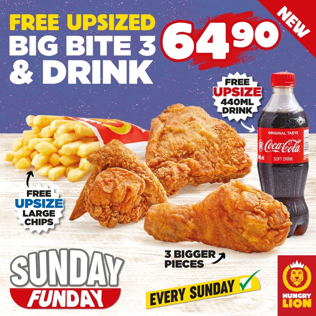 Hungry Lion - SA on X: 🍗 Sunday Funday just got a whole lot tastier! 🎉  Join us this Sunday for a Free Upsized Big Bite 3 & Drink for R64.90! 🌟