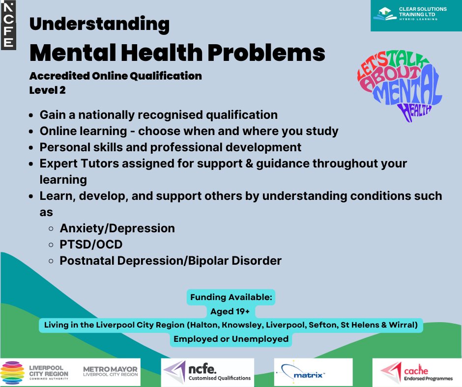 ClearSolutions2's tweet image. Knowing more about mental health conditions can help you identify your own and others mental health status and when things are changing.

Find out more whilst achieving an accredited qualification.

For more info or to book a place 👇
clearsolutions-training.co.uk/contact/