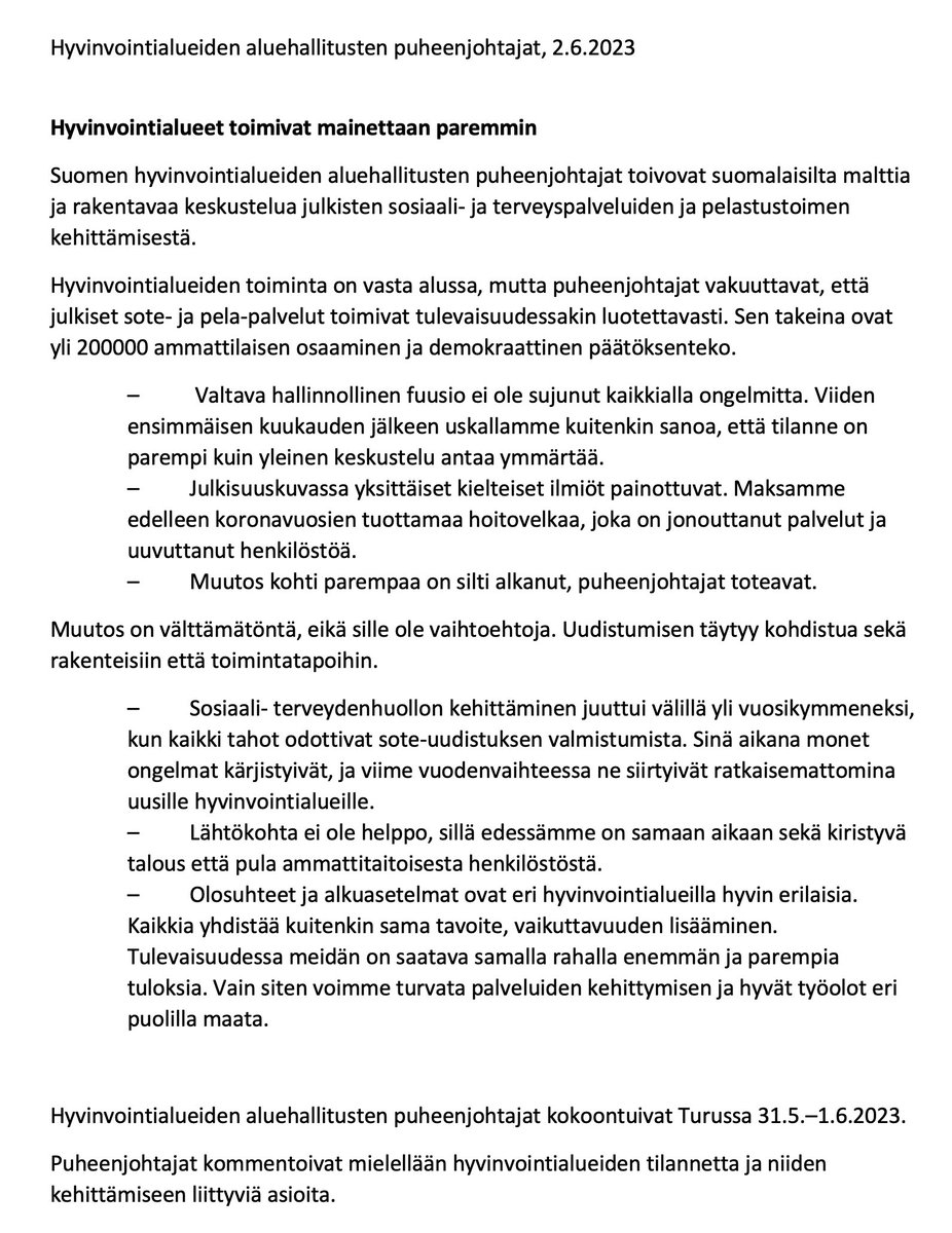 Me hyvinvointialueiden aluehallitusten pj:t uskomme julkisten sote- ja pela-palveluiden tulevaisuuteen. Rohkea uudistaminen turvaa sekä palvelut että henkilöston hyvät työolot kaikkialla Suomessa. <a href="/Pshyvinvointi/">Pohjois-Savon hyvinvointialue</a>