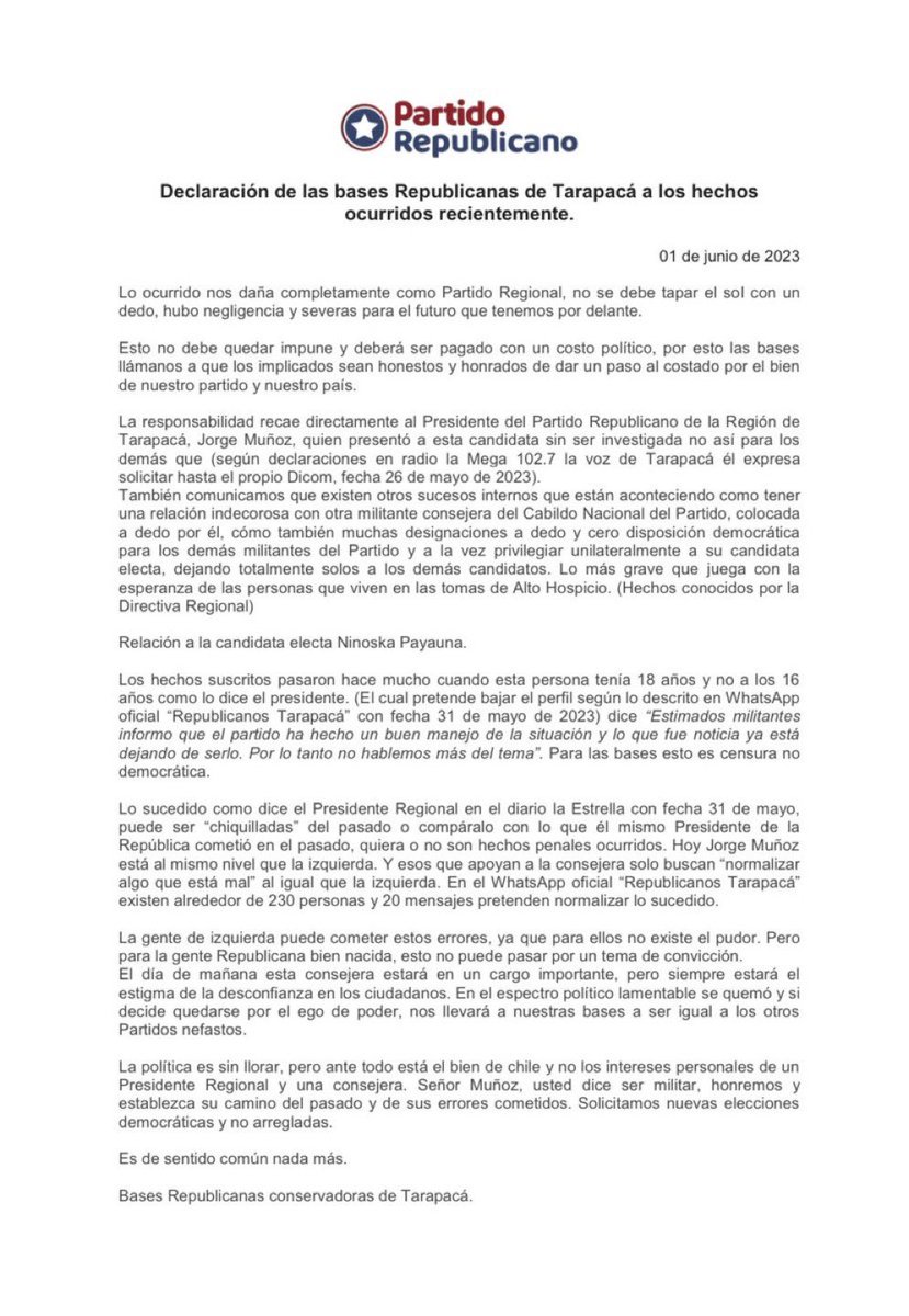 🔴 TARAPACÁ: Bases del Partido Republicanos piden la salida de su directiva regional, por presentar a la convencional electa Ninoska Payauna, detenida por hurto el 2007,  'sin ser investigada' para ser candidata.