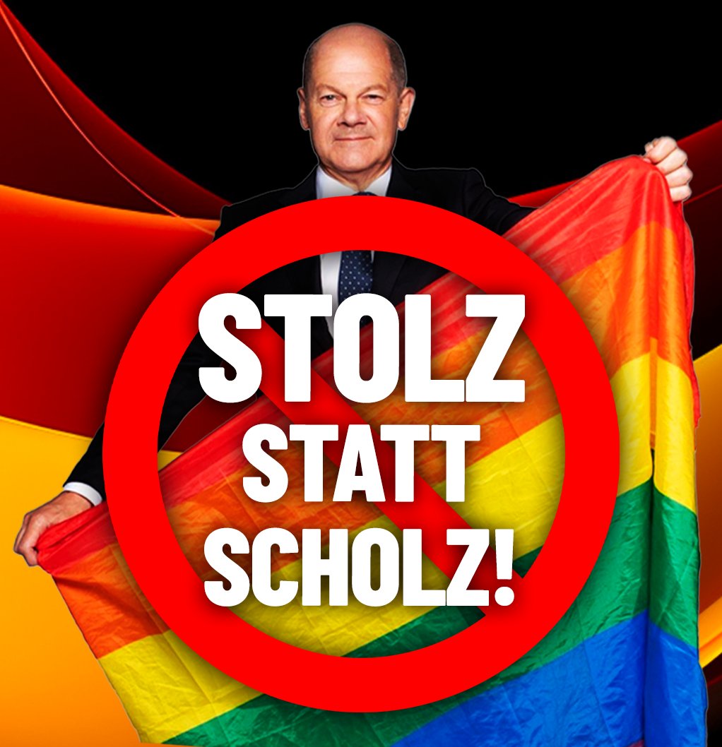 AfD's tweet photo. Olaf #Scholz scheint seine Aufgabe als Bundeskanzler ausschließlich darin zu verstehen, freundlich in die Kamera zu grinsen - ob er nun in Kenia "Fachkräfte" anwirbt oder bunte Flaggen präsentiert. Auch deshalb: Stolz statt Scholz!  #Stolzmonat #DeshalbAfD #AfD https://t.co/FRSm2liiKx