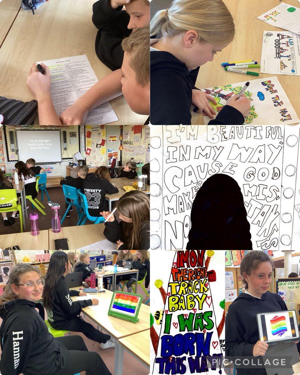 P7 have been celebrating #PrideMonth  by investigating advocate, @ladygaga. We identified important messages in her song, ‘Born This Way’ and created our inspired own artwork. #Article2 #UNCRC #RRS