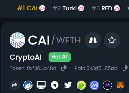 CryptoAI is trending #1 on Dextools!

With the announcement that a venture, <a href="/Bitgertventures/">Bitgert Ventures</a>, will invest $1.7M in our project long-term, we can say that today is a great day for #CryptoAI! 

#AI $CAI #ETH