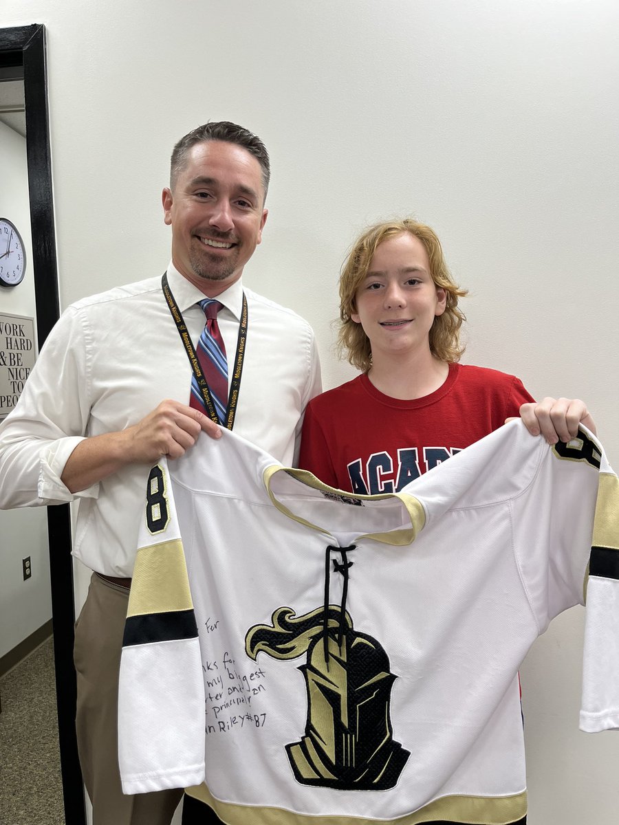 Had an overwhelming, totally unexpected moment this morning when this talented young man who is a phenomenal hockey player presented me with not just any jersey, but HIS!  He even included a message &amp; signed it. Going up in the office for sure!  #honored #humbled #knightpride