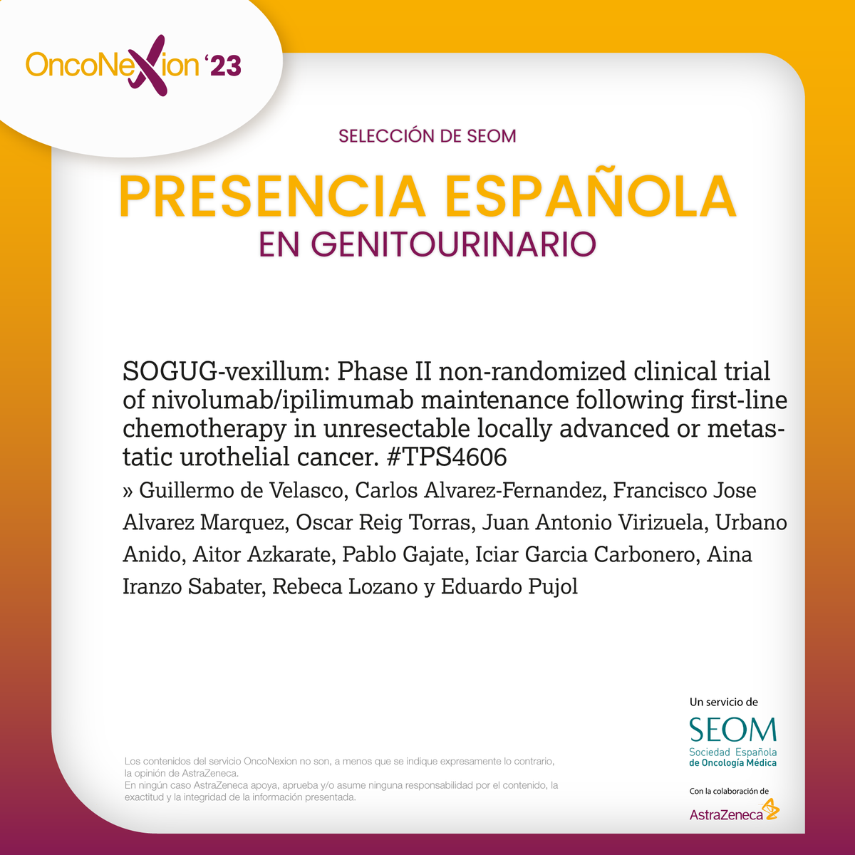 ⭕️ Participación española en cáncer #genitourinario en #ASCO23 seleccionados por el portavoz de @SEOM, Dr. @g_develasco @sogug1 

onconexion.es #OncoNexion23 @ASCO