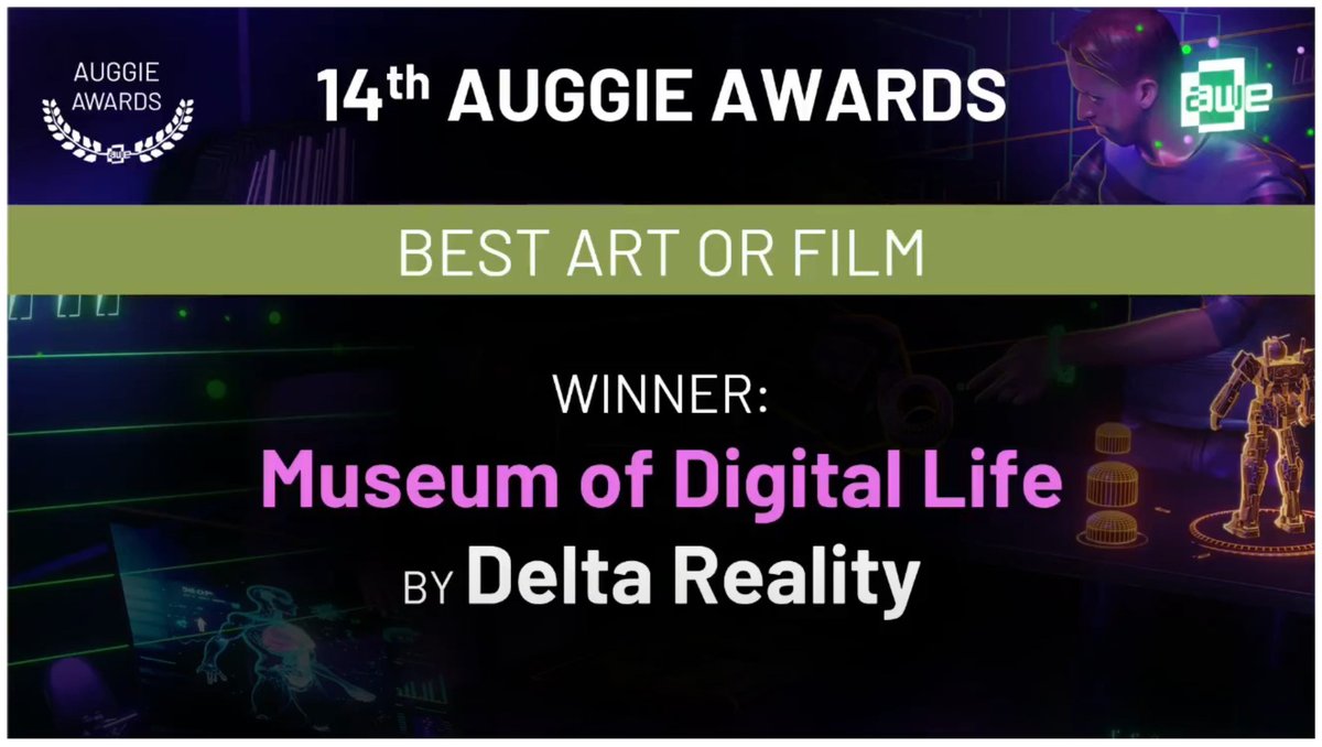 An Oscar of the XR Industry - AWE Auggie Awards 2023!
Delta Reality has won a prize with the Museum of Digital Life at this year's Auggie Awards! Out of our 4 nominations in the finals, this statue will happily be displayed on our shelf. 🥳
#awe2023 #auggieawards #winner #awards