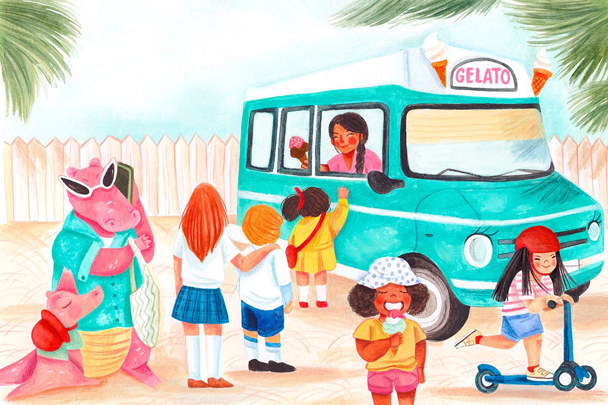 Giulialulia's tweet photo. @kidlitart This illustration for my portfolio, featuring one of my characters: a pink Alligator called Giovanni! #kidlitart https://t.co/fJQ4E9u7NE
