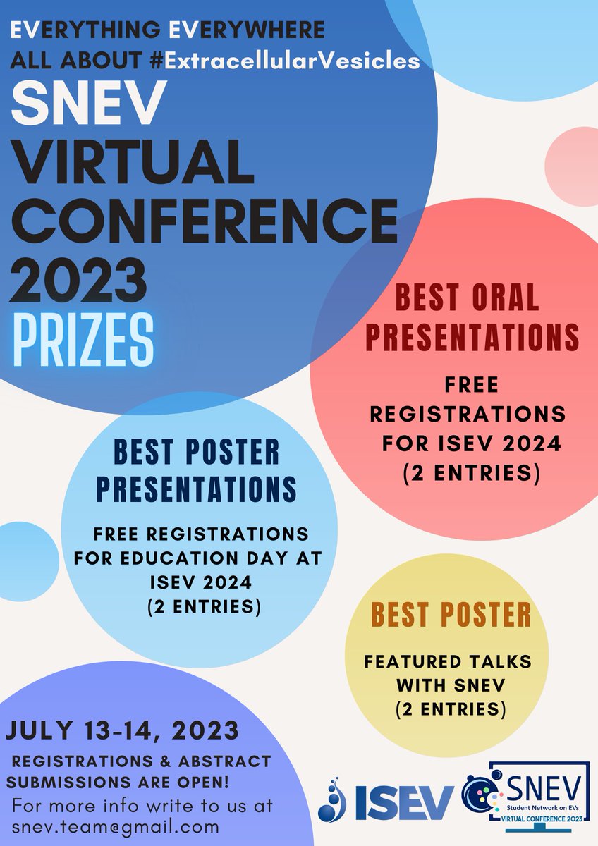 Look at our awesome prizes for best oral and poster presentations at SNEV vConference 2023

We are close to the deadline... don't miss the opportunity to save your seat at #ISEV2024

If you have some doubts, send an email to snev.team@gmail.com