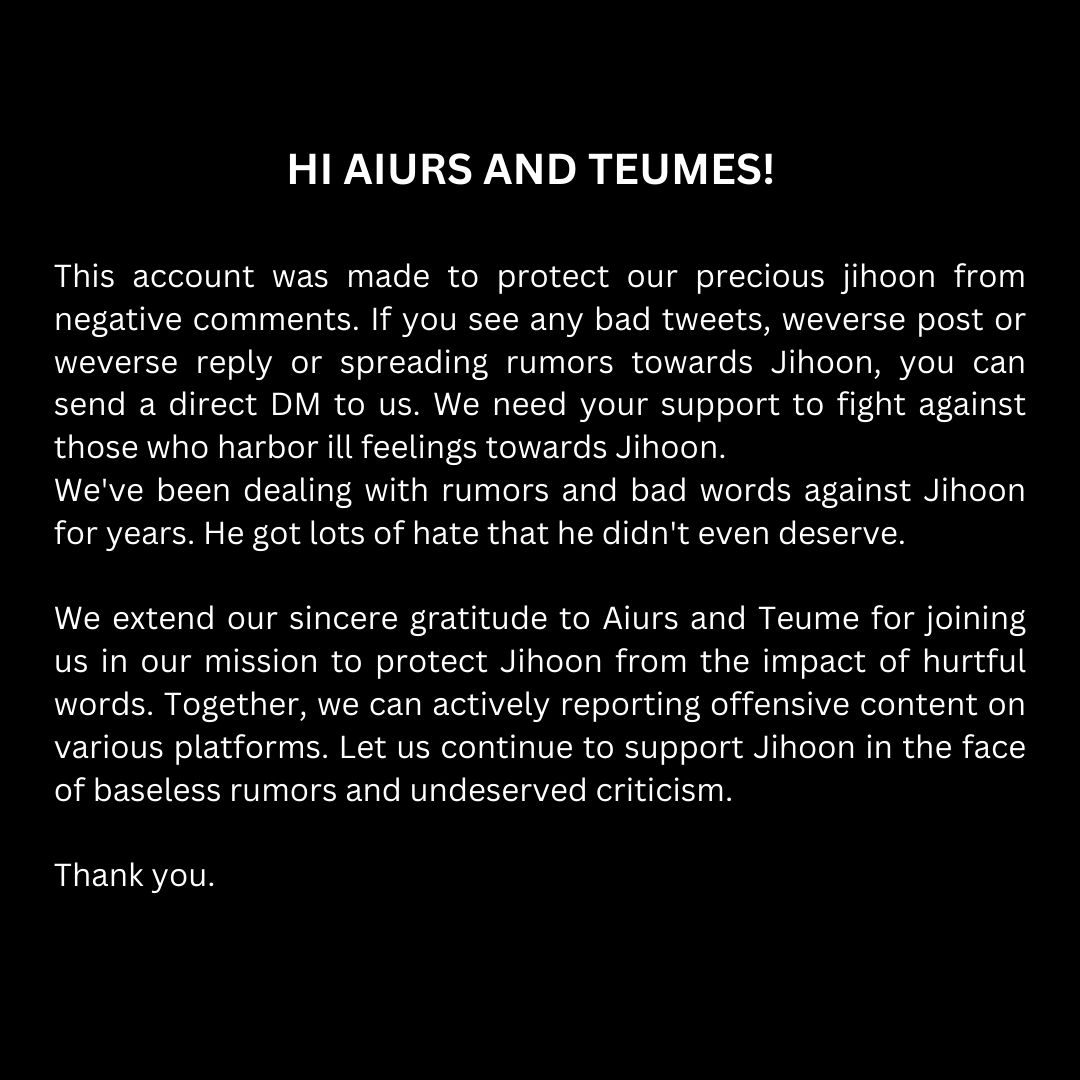 Hi! This is Jihoon Treasure Protect.

Send us your report by DM! Let's protect Jihoon at all costs🫶

#JIHOON #지훈 #TREASURE #트레저