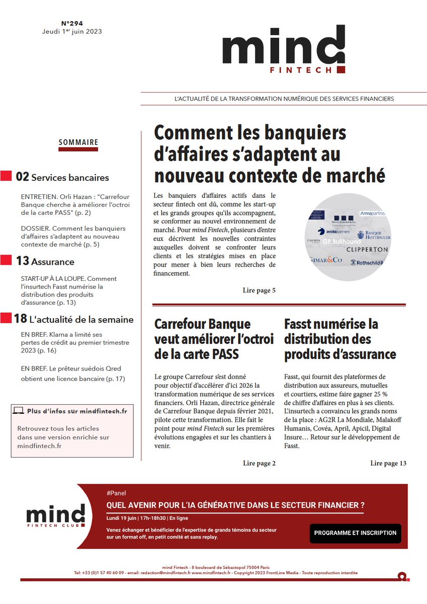 📯[Hebdo n°294] Au sommaire de <a href="/mindfintech/">mind Fintech</a> 
👉 lnkd.in/g79mcJE

☑️ Comment les banquiers d’affaires s’adaptent au nouveau contexte de marché
☑️ Comment l’insurtech FASST numérise la distribution des produits d’assurance