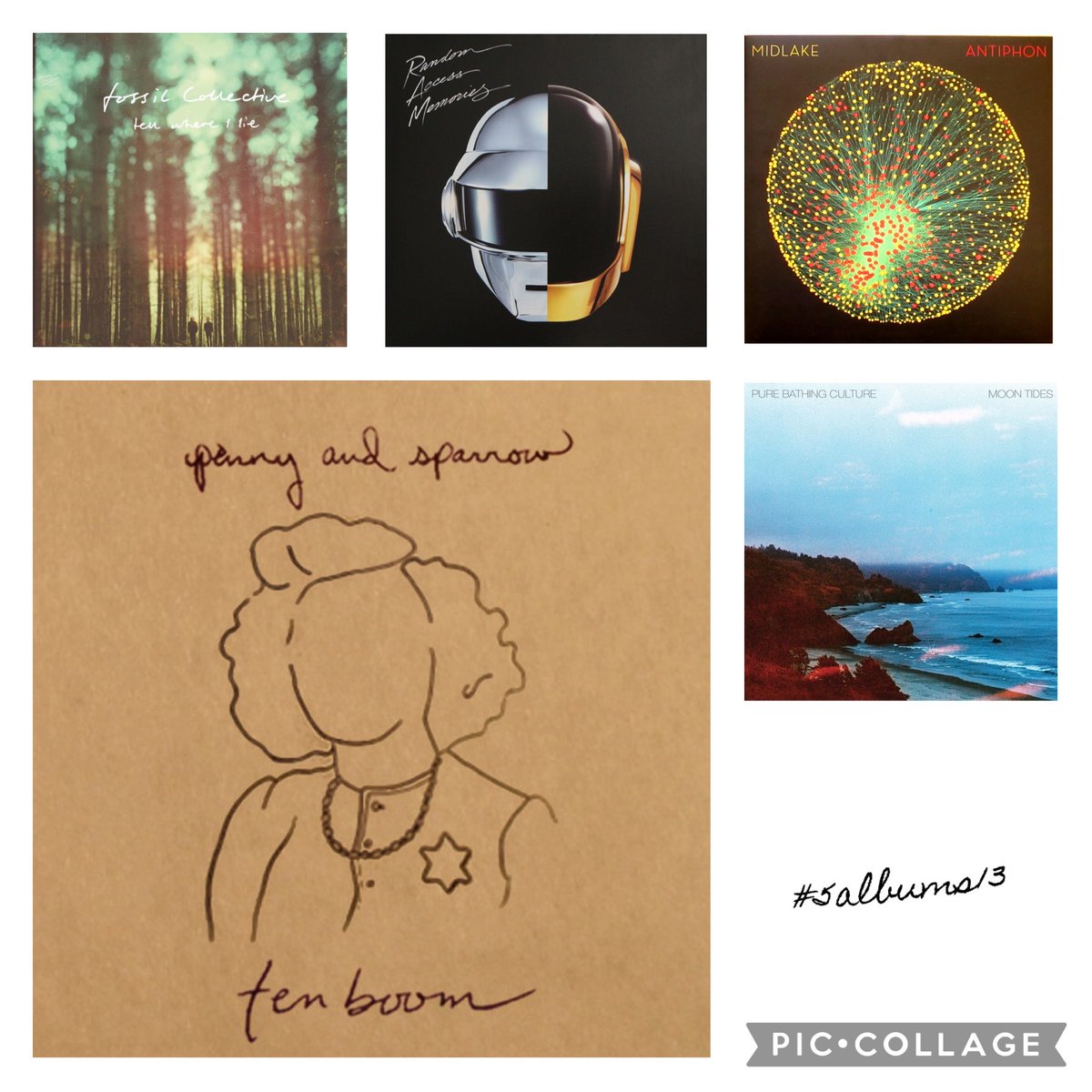 #5albums13

Hi Richard

1. Tenboom, Penny And Sparrow
2. Tell Where I Lie, Fossil Collective
3. Random Access Memories, Daft Punk
4. Antiphon, Midlake
5. Moon Tides, Pure Bathing Culture

A really strong year. I’d started to collect new vinyl again and it shows!

Thanks 😊