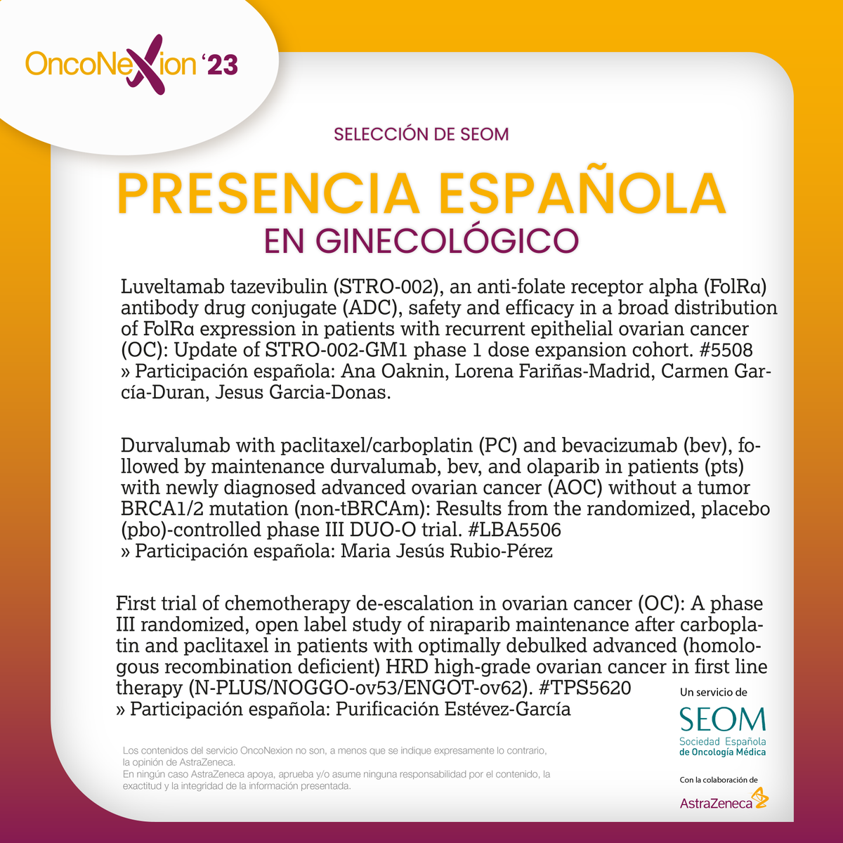 ⭕️ Participación española en cáncer #ginecológico en #ASCO23 seleccionados por la portavoz de @SEOM, Dra. @AinhoaMada @GEICOgroup 

onconexion.es #OncoNexion23 @ASCO