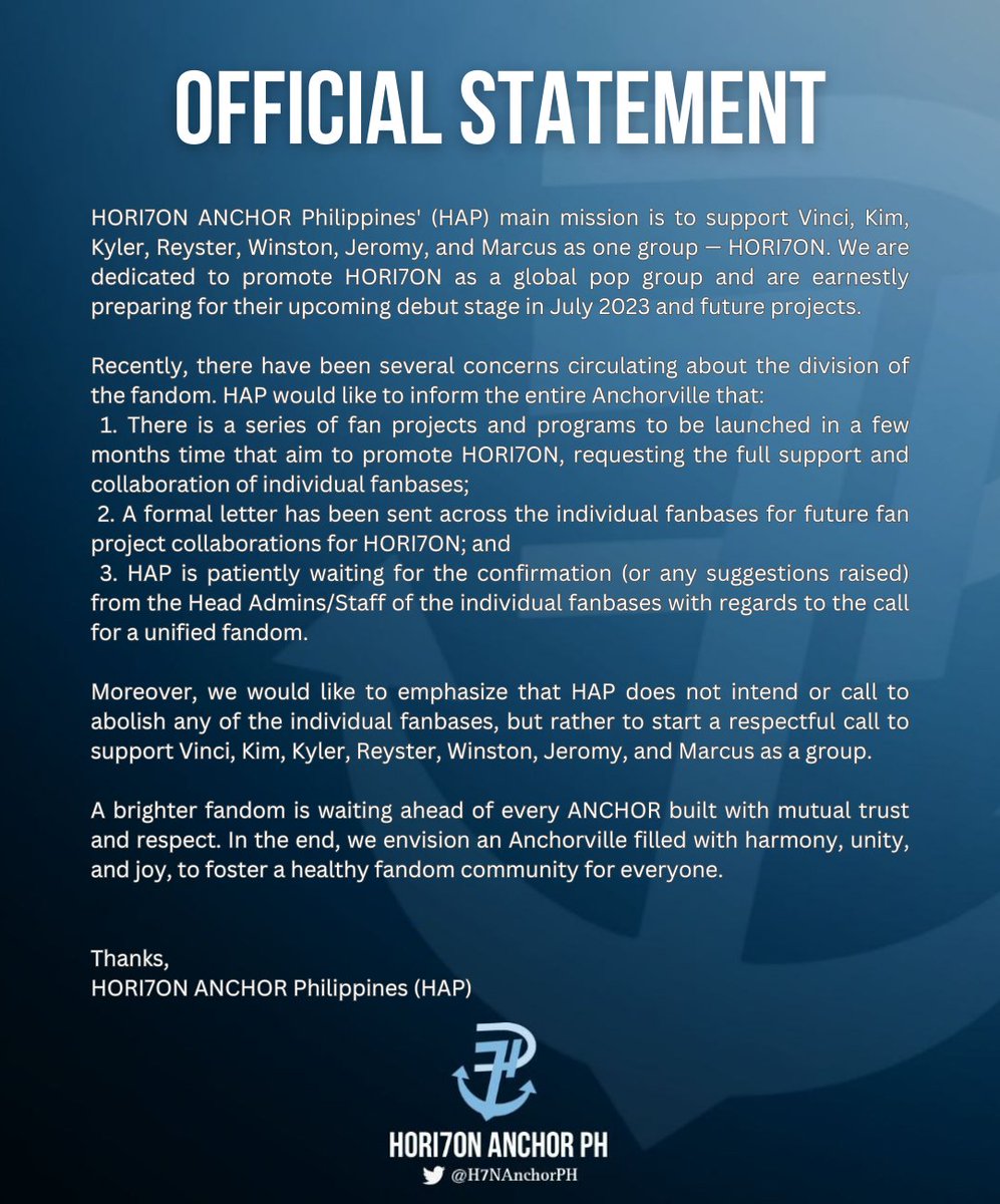 H7NAnchorPH's tweet photo. [📣] NOTICE

A marvelous evening, Anchorville!

This is the official statement decided upon by HAP in response to the most recent inquiry that we received. Thank you so much for your patience and understanding.

#HORI7ON #호라이즌 
#WeAreOneForSeven
@HORI7ONofficial https://t.co/PXgCLLdDxi