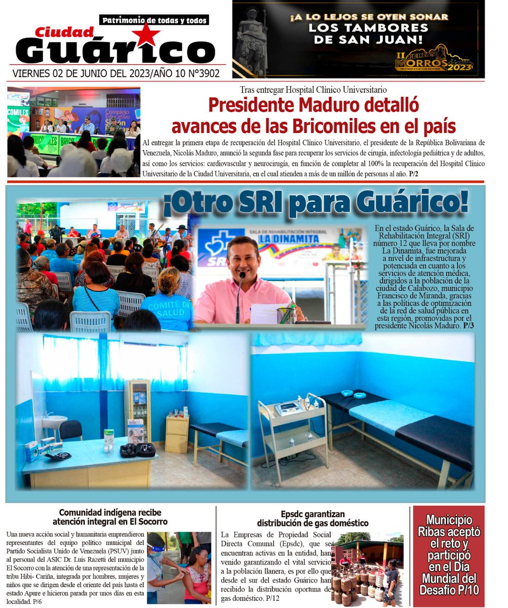 Te presentamos la Portada del Diario #CiudadGRC, titulando hoy:

¡Otro SRI para Guárico!

Visita la página web del Gobierno de Guárico y leé la edición digital.

<a href="/NicolasMaduro/">Nicolás Maduro</a>
<a href="/josemvasquez/">José Vásquez</a>
<a href="/pechecaldera/">GD Pedro J. Caldera Pérez</a>
<a href="/Goncalvez211/">José D Goncalvez</a>
@_Vpsops

#VenezuelaSinSanciones 

Vía || <a href="/Gob_Guarico/">Gobierno de Guárico</a>