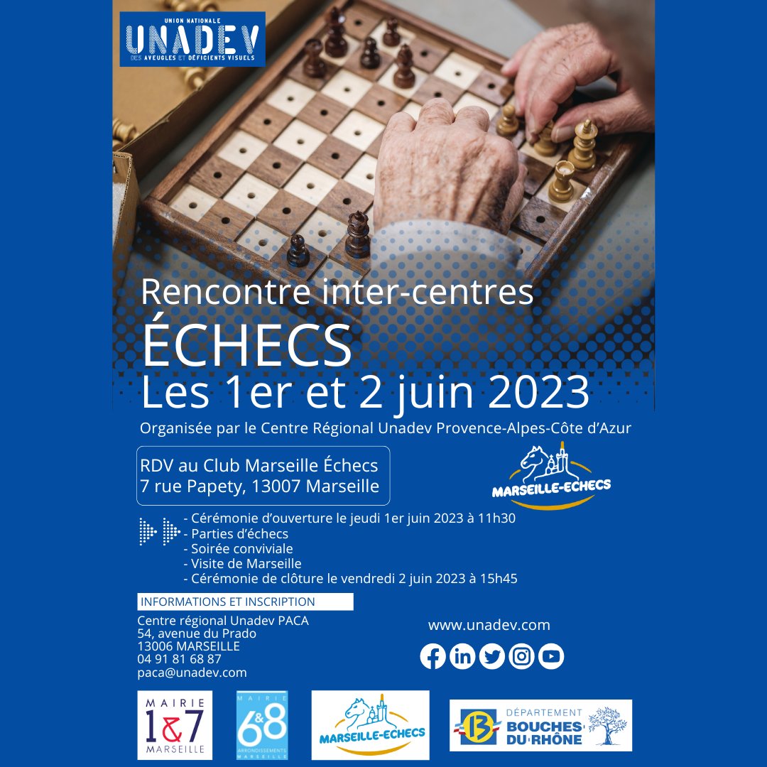 Marsechecs's tweet image. TROPHÉE NATIONAL DES RENCONTRES UNADEV
L&apos;actualité de Marseille-Echecs bât son plein ! Tandis que le Top 16 débute à Chartres le club accueille ces rencontres les 1er et 2 juin. 
#marseilleechecs #unadev #villedemarseille #mairiemarseille1_7 #mairiemarseille6_8 #bouchesdurhone